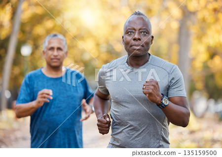 Race, friends and running with old men in park for fitness, workout and exercise. Wellness, retirement and marathon with senior people training in nature for motivation, sports and morning cardio Race, friends and running with old men in park for fitness, workout and exercise. Wellness, retirement and marathon with senior people training in nature for motivation, sports and morning cardio 135159500