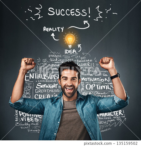 Light bulb, success or happy man in celebration of ideas text or goals of innovation on studio background. Motivation, graphic or excited person with positive mindset, problem solving or solution 135159502