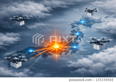 Image of a drone logistics network responsible for transporting emergency supplies during disasters. 135159503