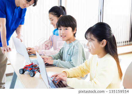 Elementary school students learning in a programming class Elementary school students learning in a programming class 135159554