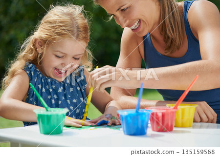 Happiness, mother and daughter painting, fun with art and messy with watercolor creativity outdoor. Woman with girl, mom bonding with female child and creative activity with color paint in backyard Happiness, mother and daughter painting, fun with art and messy with watercolor creativity outdoor. Woman with girl, mom bonding with female child and creative activity with color paint in backyard 135159568