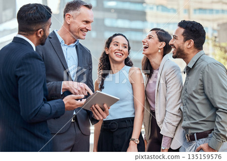 Tablet, coaching and corporate with business people in city for meeting, funny and communication. Technology, internet meme and joke with employees laughing for ceo, planning and networking 135159576