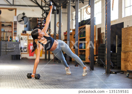 Fitness, push up or girl with dumbbells training, exercise or workout for powerful arms or muscles in gym. Balance, strong bodybuilder or Indian woman athlete lifting weights or exercising biceps Fitness, push up or girl with dumbbells training, exercise or workout for powerful arms or muscles in gym. Balance, strong bodybuilder or Indian woman athlete lifting weights or exercising biceps 135159581