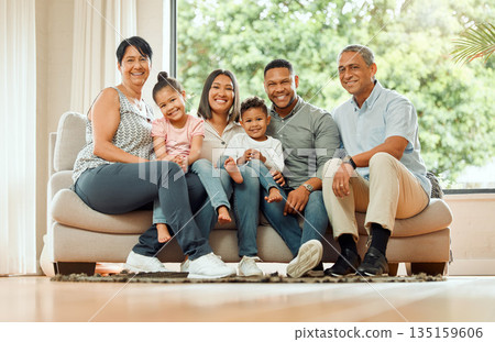 Family in portrait, grandparents and parents with children relax on sofa with smile, generations and bonding at home. Support, trust and love with care, people are happy together in living room 135159606
