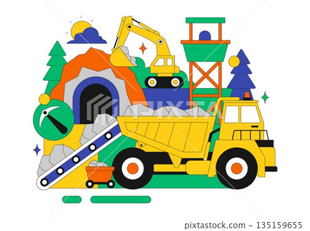 Mining Company Vector Illustration Featuring Heavy Yellow Dumper Trucks for Industrial Sand Mining Transportation Process on Flat Background Mining Company Vector Illustration Featuring Heavy Yellow Dumper Trucks for Industrial Sand Mining Transportation Process on Flat Background 135159655