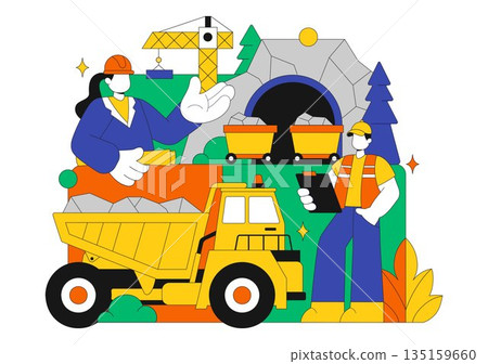 Mining Company Vector Illustration Featuring Heavy Yellow Dumper Trucks for Industrial Sand Mining Transportation Process on Flat Background 135159660