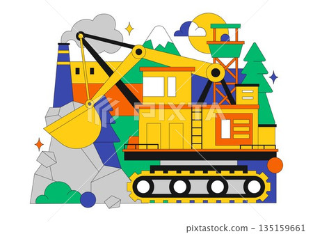 Mining Company Vector Illustration Featuring Heavy Yellow Dumper Trucks for Industrial Sand Mining Transportation Process on Flat Background Mining Company Vector Illustration Featuring Heavy Yellow Dumper Trucks for Industrial Sand Mining Transportation Process on Flat Background 135159661