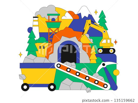 Mining Company Vector Illustration Featuring Heavy Yellow Dumper Trucks for Industrial Sand Mining Transportation Process on Flat Background Mining Company Vector Illustration Featuring Heavy Yellow Dumper Trucks for Industrial Sand Mining Transportation Process on Flat Background 135159662