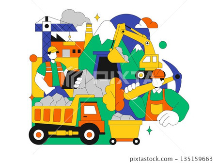 Mining Company Vector Illustration Featuring Heavy Yellow Dumper Trucks for Industrial Sand Mining Transportation Process on Flat Background 135159663