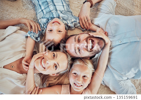 Top view, parents and happy portrait of children for love, care and bonding for quality time together at home. Face of mom, dad and kids for happiness, family and relax in house for fun, joy and play 135159691