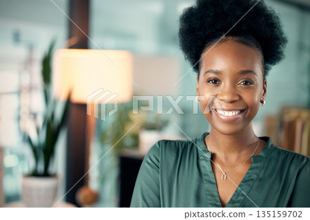 Portrait, smile and black woman, designer or creative in office workplace. Happy, face and African female entrepreneur or design professional from South Africa with pride for business career at night Portrait, smile and black woman, designer or creative in office workplace. Happy, face and African female entrepreneur or design professional from South Africa with pride for business career at night 135159702