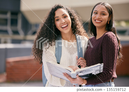 Book, university and portrait of female students studying for a test outdoor on campus together. Happy, smile and women friends reading information in a textbook for an assignment or exams at college Book, university and portrait of female students studying for a test outdoor on campus together. Happy, smile and women friends reading information in a textbook for an assignment or exams at college 135159712