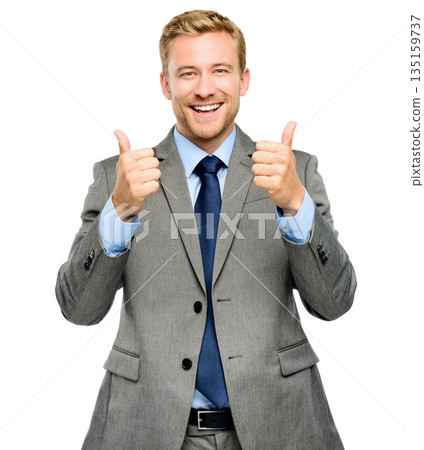 Portrait, thank you and thumbs up with a business man in studio isolated on a white background for motivation. Professional, smile and a happy accountant in a suit to gesture like or yes in support 135159737
