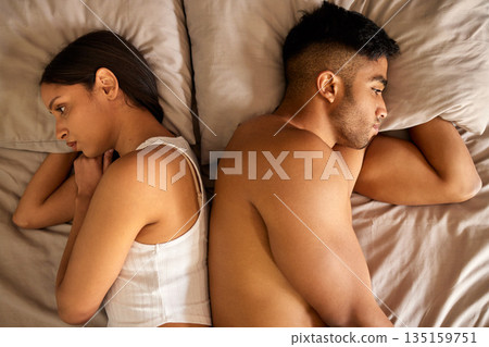 Sad woman, couple fight and man angry from affair, relationship problem and depressed in bed. Breakup, divorce and above with anxiety of female person feeling stress and insomnia in home bedroom 135159751