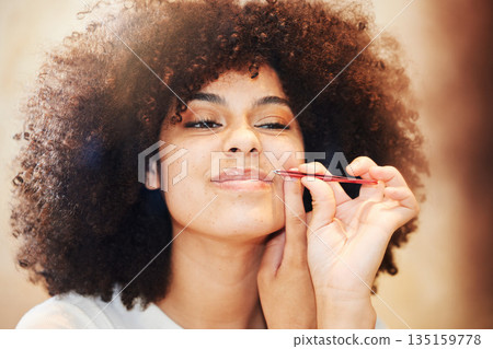 Grooming, tweezers and woman doing beauty self care, skincare and removal of hair cleaning her face in the morning. Facial, wellness and young female person doing cosmetics dermatology treatment 135159778