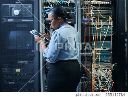 Server room, woman and engineer with tablet for cybersecurity, programming or cable maintenance. Black female technician in datacenter for network, software or system upgrade with IT app and internet Server room, woman and engineer with tablet for cybersecurity, programming or cable maintenance. Black female technician in datacenter for network, software or system upgrade with IT app and internet 135159784