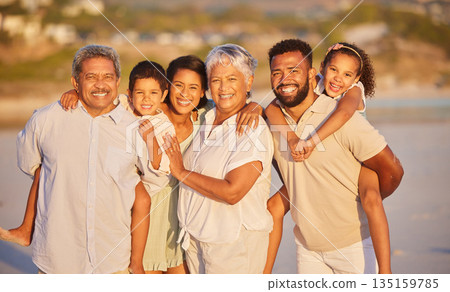 Happy family, grandparents or portrait of children at beach to relax on holiday vacation together in Mexico. Dad, mom or kids siblings love bonding or smiling with grandmother or grandfather at sea Happy family, grandparents or portrait of children at beach to relax on holiday vacation together in Mexico. Dad, mom or kids siblings love bonding or smiling with grandmother or grandfather at sea 135159785
