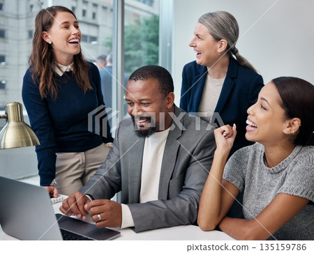 Computer, excited and business people with celebration, success and laughing for internet meme or company growth. Planning, working and corporate group or team of women and men on laptop in office 135159786