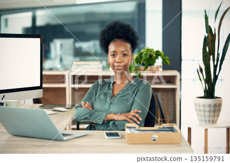 Portrait, black woman and accountant with arms crossed, laptop and confident in office. Computer, face and female entrepreneur, auditor and professional from South Africa with business mockup space. Portrait, black woman and accountant with arms crossed, laptop and confident in office. Computer, face and female entrepreneur, auditor and professional from South Africa with business mockup space. 135159791