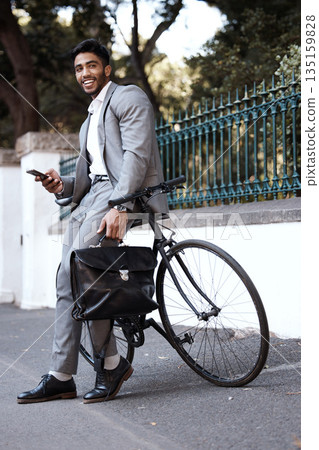 Bicycle, portrait and business man with phone in a city for texting, social media and cycling break. Bike, commute and male person with smartphone in a street for location, search and GPS navigation Bicycle, portrait and business man with phone in a city for texting, social media and cycling break. Bike, commute and male person with smartphone in a street for location, search and GPS navigation 135159828