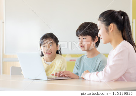 Elementary school students learning in a programming class Elementary school students learning in a programming class 135159835