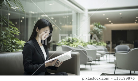 A woman in a suit reading a book in the lobby A woman in a suit reading a book in the lobby 135159976