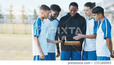 Sports, soccer and a coach talking to team on field for fitness exercise or game outdoor. Football formation, club and diversity athlete people with plan for coaching, scrum and training strategy Sports, soccer and a coach talking to team on field for fitness exercise or game outdoor. Football formation, club and diversity athlete people with plan for coaching, scrum and training strategy 135160003