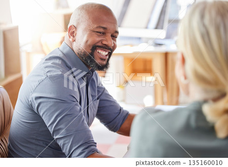 Meeting, face of black man and smile for teamwork, collaboration and working in corporate business with people. Happy, mentor and businessman in office leadership, management or staff support 135160010