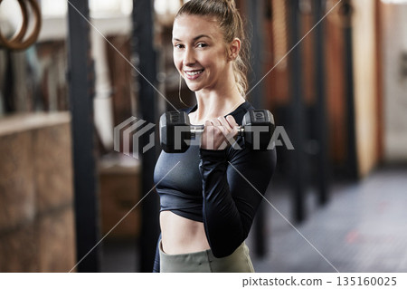 Weights, fitness and portrait of woman in gym for weightlifting, bodybuilder training and strong muscles. Healthy body, sports and face of happy female person for wellness, exercise and workout Weights, fitness and portrait of woman in gym for weightlifting, bodybuilder training and strong muscles. Healthy body, sports and face of happy female person for wellness, exercise and workout 135160025
