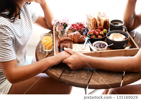 Restaurant food, breakfast or couple holding hands for support care, security or love on Valentines Day date. Cafe meal, marriage bond and brunch tray of croissant, strawberry or bread in coffee shop Restaurant food, breakfast or couple holding hands for support care, security or love on Valentines Day date. Cafe meal, marriage bond and brunch tray of croissant, strawberry or bread in coffee shop 135160029