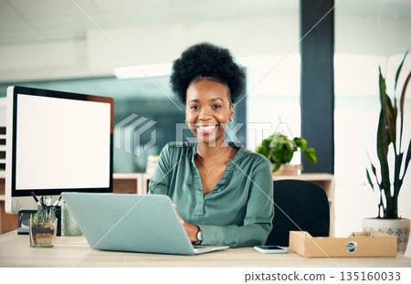 Portrait, smile and black woman with laptop, writer and creative in office. Computer, face and happy African female entrepreneur, copywriter or professional from South Africa with business mockup. 135160033