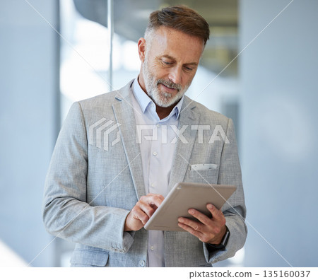 Senior, business man and digital tablet in office for research, communication and planning. Internet, search and elderly male person online for schedule, email and networking plan at startup company 135160037