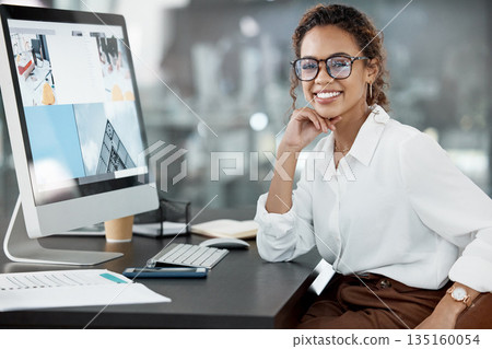Woman at desk, computer screen with web design, portrait and website layout at digital marketing agency. Female creative with smile, working with technology and SEO with research at startup company 135160054