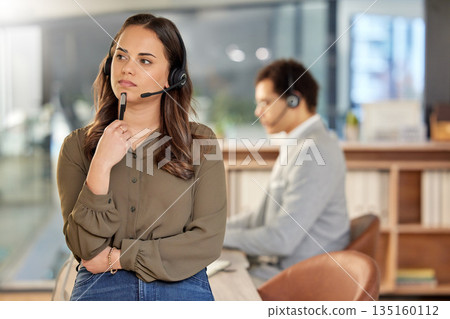 Call center, headset and woman thinking of solution for customer service, crm or telemarketing. Face consultant, agent or manager person think of answer for sales, contact us and help desk support 135160112