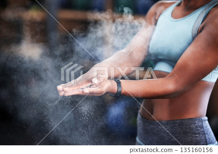 Fitness, start or hands of woman with chalk for training, workout or exercise with dust for grip strength. Body builder, closeup or healthy athlete with talcum powder at gym ready for bodybuilding 135160156