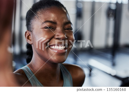 Gym, portrait or black woman with smile in selfie on workout, exercise or training break on social media. Funny influencer, face or happy African girl smiling for pictures or online fitness content 135160168