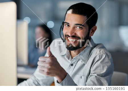 Call center, portrait and man with thumbs up for customer service, sales target and CRM success in office. Happy consultant, thumb and yes emoji of winning support, excellence and good telecom advice 135160191