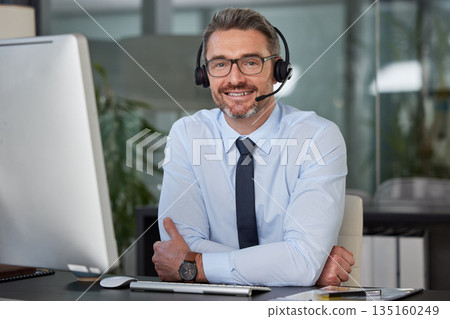 Businessman, call center and portrait smile in customer service, support or telemarketing at office. Happy man, consultant or agent smiling with headphones for online advice or telesales at workplace Businessman, call center and portrait smile in customer service, support or telemarketing at office. Happy man, consultant or agent smiling with headphones for online advice or telesales at workplace 135160249