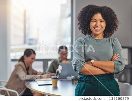 Happy, arms crossed and portrait of business woman in meeting for planning, smile and professional. Happiness, career and workshop with female employee in office for creative, confident and startup Happy, arms crossed and portrait of business woman in meeting for planning, smile and professional. Happiness, career and workshop with female employee in office for creative, confident and startup 135160279