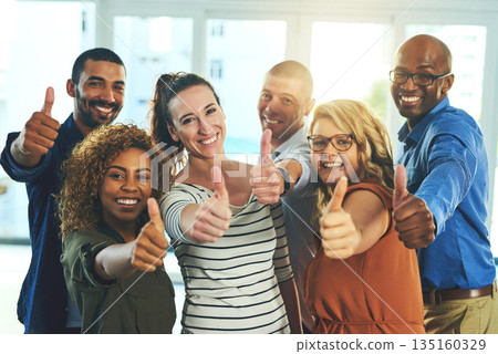 Collaboration, thumbs up and portrait of staff with diversity, like and thank you sign of business people. Office, happiness and success of group with support, teamwork and motivation for company Collaboration, thumbs up and portrait of staff with diversity, like and thank you sign of business people. Office, happiness and success of group with support, teamwork and motivation for company 135160329