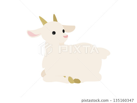一隻可愛的白山羊坐著放鬆的向量插圖。 135160347
