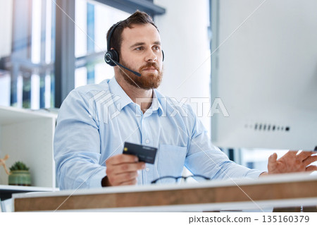 Call center, business man and credit card in banking, fintech or payment mistake, error or finance problem. Financial advisor, agent or consultant person, technical support and e commerce on computer 135160379