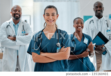 Teamwork, happy and portrait of doctors with crossed arms for medical care, wellness and support. Healthcare, hospital and men and women health workers for cardiology service, consulting or insurance Teamwork, happy and portrait of doctors with crossed arms for medical care, wellness and support. Healthcare, hospital and men and women health workers for cardiology service, consulting or insurance 135160401