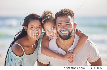 Mother, beach or portrait of father with child on happy family holiday, vacation or weekend together. Piggyback, mom or dad smiling or bonding with child, daughter or kid at seaside with happiness 135160423