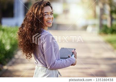 Woman with smile, books and student in campus garden, university and education with learning material for studying. Female person in outdoor portrait, academic scholarship and mockup space with study Woman with smile, books and student in campus garden, university and education with learning material for studying. Female person in outdoor portrait, academic scholarship and mockup space with study 135160438