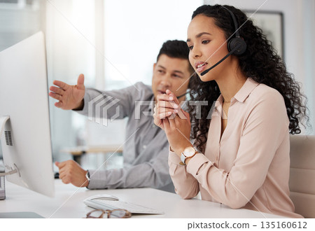 Business people, call center and coaching team in customer service, support or telemarketing at the office. Businessman training staff or woman in contact us, marketing or telesales at the workplace 135160612