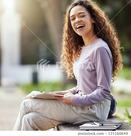 Happy woman, books and education with student on campus, learning with scholarship at university and outdoor. Female person in portrait with smile, college course material and textbook for studying 135160649