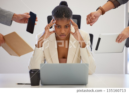 Business, stress and black woman with a laptop, multitasking and anxiety with deadline, burnout and headache. Female person, employee and consultant with a pc, frustrated and professional with chaos Business, stress and black woman with a laptop, multitasking and anxiety with deadline, burnout and headache. Female person, employee and consultant with a pc, frustrated and professional with chaos 135160713