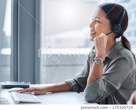 Customer service, telemarketing and female call center agent working on online consultation. Communication, technology and professional saleswoman planning crm with headset and computer in the office 135160724