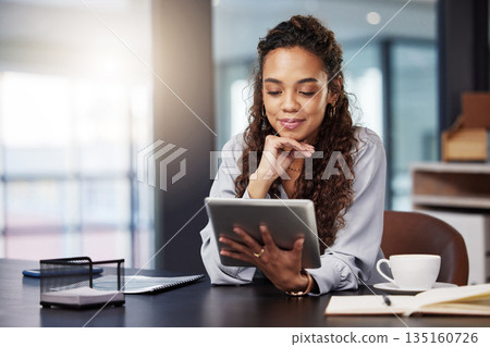 Tablet, search and business woman in office for social media, networking or website. Communication, internet and technology with female employee in digital agency for entrepreneur, email and planning 135160726